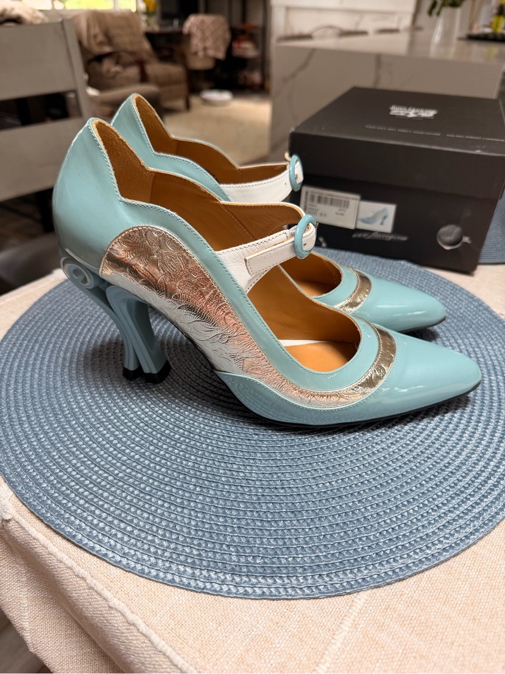 John Fluevog Sky Blue and White Pointed Mary Jane Pump with Metallic Trim - Picture 2 of 8
